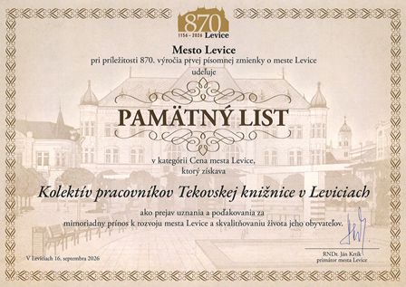 Ocenenie pre kolektív Tekovskej knižnice v Leviciach