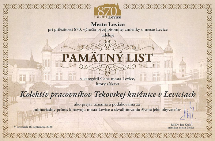 Ocenenie pre kolektív Tekovskej knižnice v Leviciach